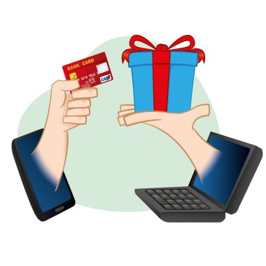 Mobil ve dizüstü illüstrasyon, online alışveriş yapan insanlar, internet ticareti, e-ticaret. Kataloglar, bilgilendirici ve kurumsal kılavuzlar için idealdir