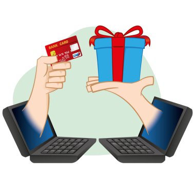 Bilgisayar ve dizüstü illüstrasyon, online alışveriş yapan insanlar, internet ticareti, e-ticaret. Kataloglar, bilgilendirici ve kurumsal kılavuzlar için idealdir