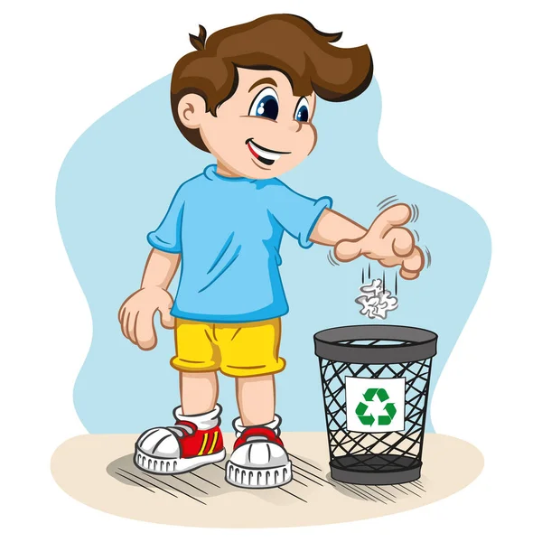 Ilustración Chico Tirando Basura Papelera Reciclaje Reciclando Basura Ideal Para — Archivo Imágenes Vectoriales