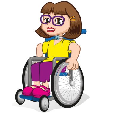 Trakeostomi tüplü tekerlekli sandalyedeki fiziksel engelli kız. Kataloglar, sağlık ve kurumsal bültenler için ideal