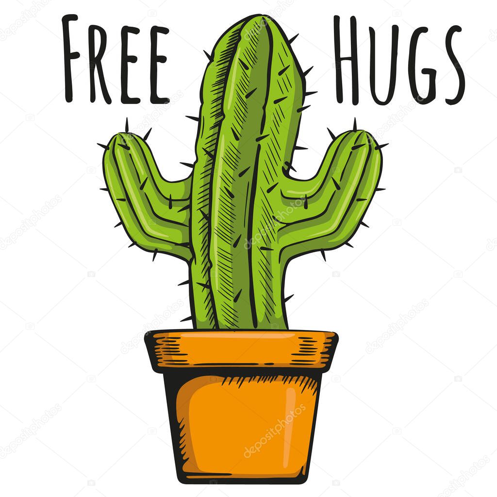 Illustration vase with a cactus with phrase hug free. Ideal for botanical and gardening materials