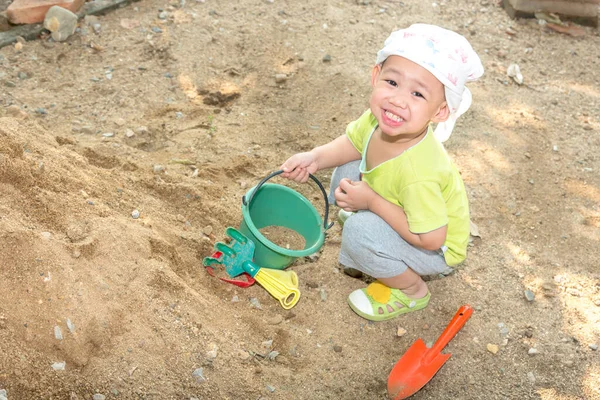 Thai Baby Boy Palying Pile Sand Toy Plastic Fork Spoon — Stock Photo, Image