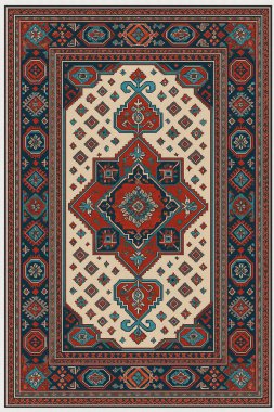 Halk sanatından esinlenilmiş İran halısı modern desenli yüksek çözünürlüklü beyaz tuval üzerinde izole edilmiş renkler