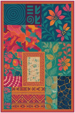 Halk sanatından esinlenilmiş İran halısı modern desenli yüksek çözünürlüklü beyaz tuval üzerinde izole edilmiş renkler