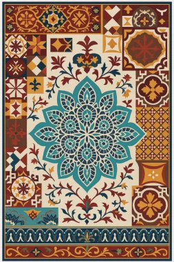 Halk sanatından esinlenilmiş İran halısı modern desenli yüksek çözünürlüklü beyaz tuval üzerinde izole edilmiş renkler