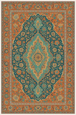 Halk sanatından esinlenilmiş İran halısı modern desenli yüksek çözünürlüklü beyaz tuval üzerinde izole edilmiş renkler