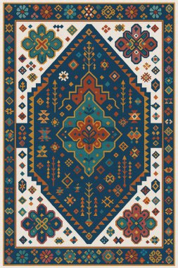 Halk sanatından esinlenilmiş İran halısı modern desenli yüksek çözünürlüklü beyaz tuval üzerinde izole edilmiş renkler