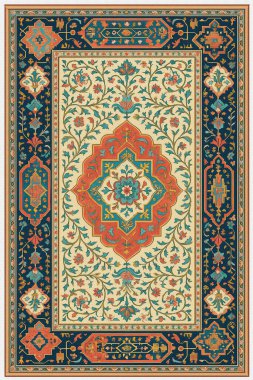 Halk sanatından esinlenilmiş İran halısı modern desenli yüksek çözünürlüklü beyaz tuval üzerinde izole edilmiş renkler