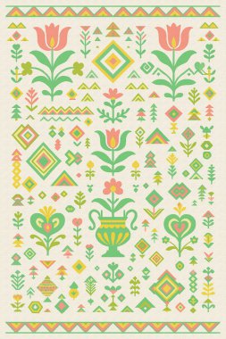 Halk sanatından esinlenilmiş İran halısı modern desenli yüksek çözünürlüklü beyaz tuval üzerinde izole edilmiş renkler