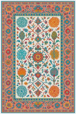 Halk sanatından esinlenilmiş İran halısı modern desenli yüksek çözünürlüklü beyaz tuval üzerinde izole edilmiş renkler