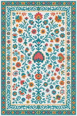 Halk sanatından esinlenilmiş İran halısı modern desenli yüksek çözünürlüklü beyaz tuval üzerinde izole edilmiş renkler