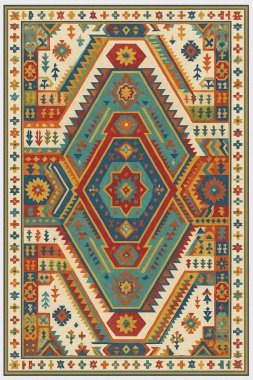 Halk sanatından esinlenilmiş İran halısı modern desenli yüksek çözünürlüklü beyaz tuval üzerinde izole edilmiş renkler