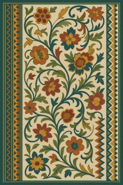 Halk sanatından esinlenilmiş İran halısı modern desenli yüksek çözünürlüklü beyaz tuval üzerinde izole edilmiş renkler