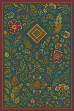 Halk sanatından esinlenilmiş İran halısı modern desenli yüksek çözünürlüklü beyaz tuval üzerinde izole edilmiş renkler