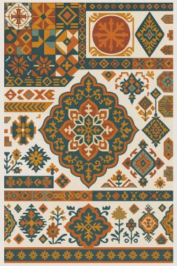 Halk sanatından esinlenilmiş İran halısı modern desenli yüksek çözünürlüklü beyaz tuval üzerinde izole edilmiş renkler