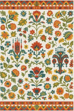 Halk sanatından esinlenilmiş İran halısı modern desenli yüksek çözünürlüklü beyaz tuval üzerinde izole edilmiş renkler