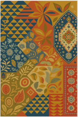 Halk sanatından esinlenilmiş İran halısı modern desenli yüksek çözünürlüklü beyaz tuval üzerinde izole edilmiş renkler