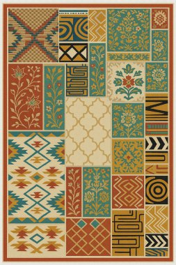 Halk sanatından esinlenilmiş İran halısı modern desenli yüksek çözünürlüklü beyaz tuval üzerinde izole edilmiş renkler