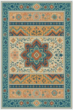 Halk sanatından esinlenilmiş İran halısı modern desenli yüksek çözünürlüklü beyaz tuval üzerinde izole edilmiş renkler