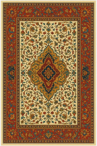 Halk sanatından esinlenilmiş İran halısı modern desenli yüksek çözünürlüklü beyaz tuval üzerinde izole edilmiş renkler