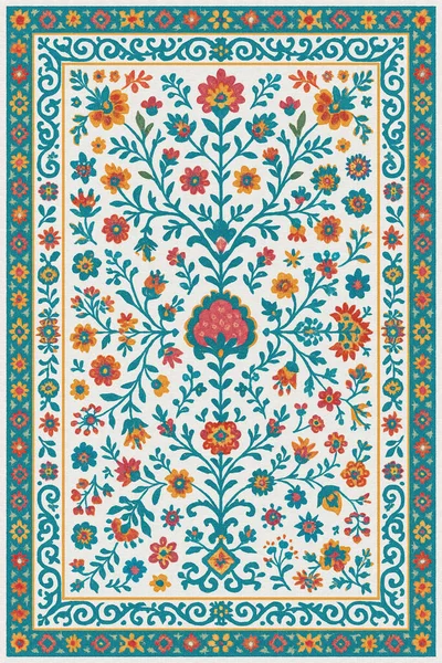 Halk sanatından esinlenilmiş İran halısı modern desenli yüksek çözünürlüklü beyaz tuval üzerinde izole edilmiş renkler