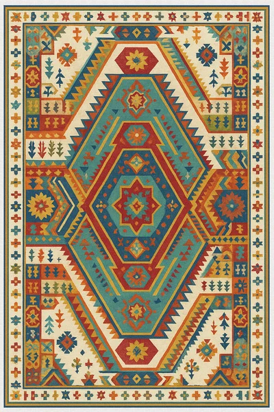 Halk sanatından esinlenilmiş İran halısı modern desenli yüksek çözünürlüklü beyaz tuval üzerinde izole edilmiş renkler