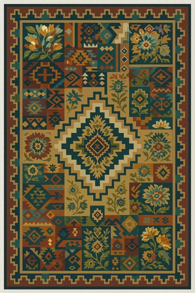 Halk sanatından esinlenilmiş İran halısı modern desenli yüksek çözünürlüklü beyaz tuval üzerinde izole edilmiş renkler