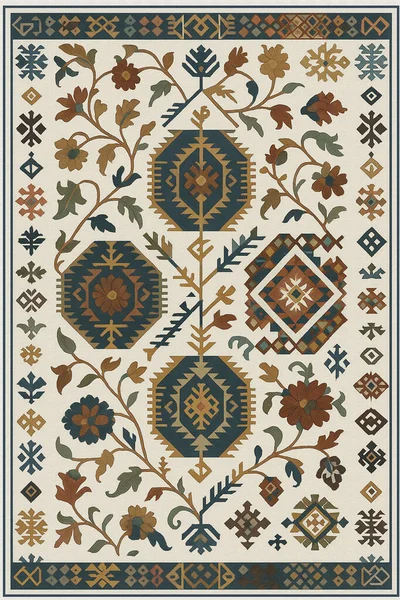 Halk sanatından esinlenilmiş İran halısı modern desenli yüksek çözünürlüklü beyaz tuval üzerinde izole edilmiş renkler