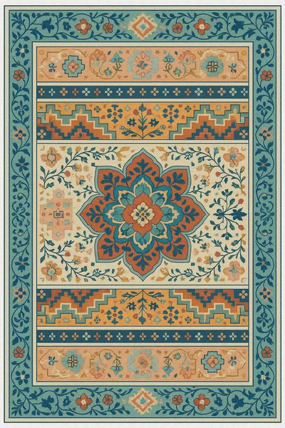 Halk sanatından esinlenilmiş İran halısı modern desenli yüksek çözünürlüklü beyaz tuval üzerinde izole edilmiş renkler