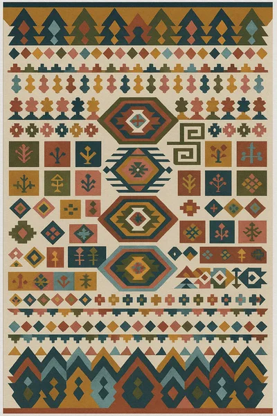 Halk sanatından esinlenilmiş İran halısı modern desenli yüksek çözünürlüklü beyaz tuval üzerinde izole edilmiş renkler