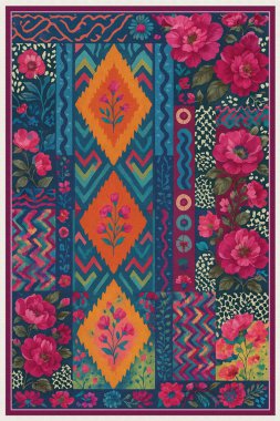 Halk sanatından esinlenilmiş İran halısı modern desenli yüksek çözünürlüklü beyaz tuval üzerinde izole edilmiş renkler