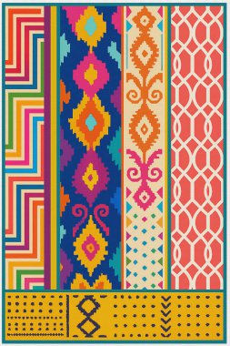 Halk sanatından esinlenilmiş İran halısı modern desenli yüksek çözünürlüklü beyaz tuval üzerinde izole edilmiş renkler