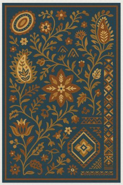 Halk sanatından esinlenilmiş İran halısı modern desenli yüksek çözünürlüklü beyaz tuval üzerinde izole edilmiş renkler