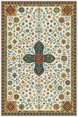 Halk sanatından esinlenilmiş İran halısı modern desenli yüksek çözünürlüklü beyaz tuval üzerinde izole edilmiş renkler