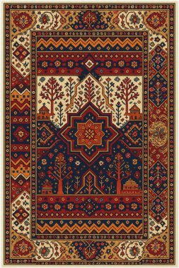 Halk sanatından esinlenilmiş İran halısı modern desenli yüksek çözünürlüklü beyaz tuval üzerinde izole edilmiş renkler