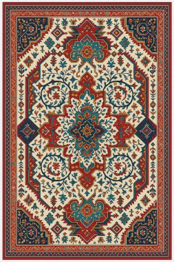 Halk sanatından esinlenilmiş İran halısı modern desenli yüksek çözünürlüklü beyaz tuval üzerinde izole edilmiş renkler