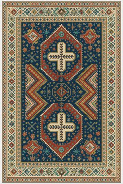 Halk sanatından esinlenilmiş İran halısı modern desenli yüksek çözünürlüklü beyaz tuval üzerinde izole edilmiş renkler