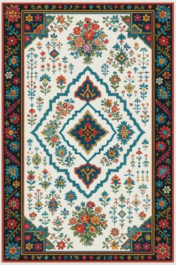 Halk sanatından esinlenilmiş İran halısı modern desenli yüksek çözünürlüklü beyaz tuval üzerinde izole edilmiş renkler