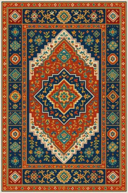 Halk sanatından esinlenilmiş İran halısı modern desenli yüksek çözünürlüklü beyaz tuval üzerinde izole edilmiş renkler