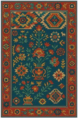 Halk sanatından esinlenilmiş İran halısı modern desenli yüksek çözünürlüklü beyaz tuval üzerinde izole edilmiş renkler