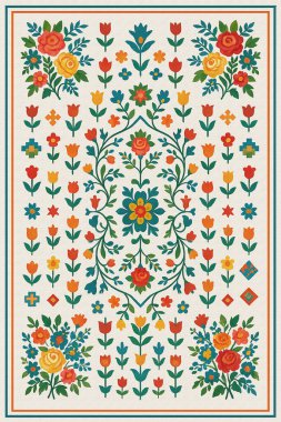 Halk sanatından esinlenilmiş İran halısı modern desenli yüksek çözünürlüklü beyaz tuval üzerinde izole edilmiş renkler