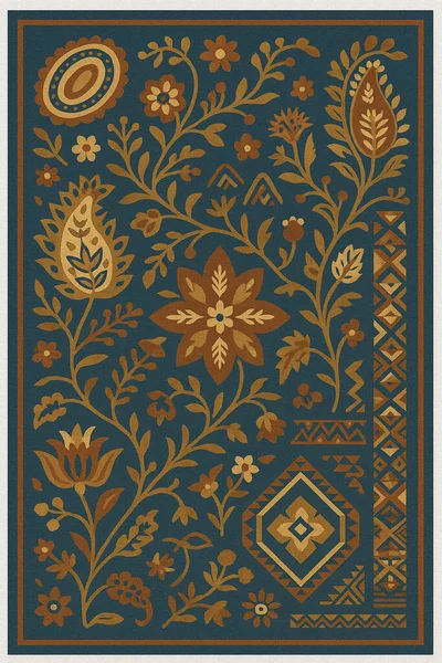 Halk sanatından esinlenilmiş İran halısı modern desenli yüksek çözünürlüklü beyaz tuval üzerinde izole edilmiş renkler