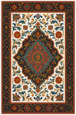 Halk sanatından esinlenilmiş İran halısı modern desenli yüksek çözünürlüklü beyaz tuval üzerinde izole edilmiş renkler