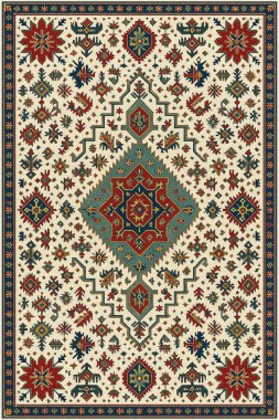 Halk sanatından esinlenilmiş İran halısı modern desenli yüksek çözünürlüklü beyaz tuval üzerinde izole edilmiş renkler