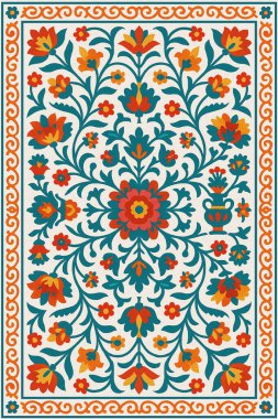 Halk sanatından esinlenilmiş İran halısı modern desenli yüksek çözünürlüklü beyaz tuval üzerinde izole edilmiş renkler