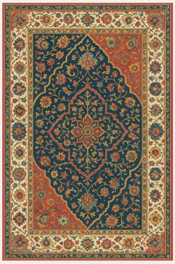 Halk sanatından esinlenilmiş İran halısı modern desenli yüksek çözünürlüklü beyaz tuval üzerinde izole edilmiş renkler