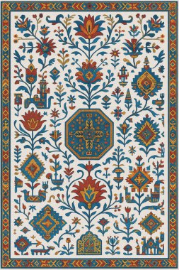 Halk sanatından esinlenilmiş İran halısı modern desenli yüksek çözünürlüklü beyaz tuval üzerinde izole edilmiş renkler