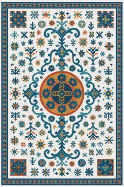 Halk sanatından esinlenilmiş İran halısı modern desenli yüksek çözünürlüklü beyaz tuval üzerinde izole edilmiş renkler