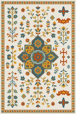 Halk sanatından esinlenilmiş İran halısı modern desenli yüksek çözünürlüklü beyaz tuval üzerinde izole edilmiş renkler