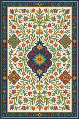 Halk sanatından esinlenilmiş İran halısı modern desenli yüksek çözünürlüklü beyaz tuval üzerinde izole edilmiş renkler